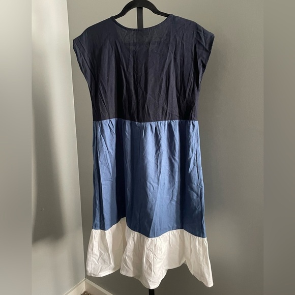 52SEVEN Colorblock Cap Sleeve Linen Blend Dress In Denim Combo Size XL - Picture 3 of 5